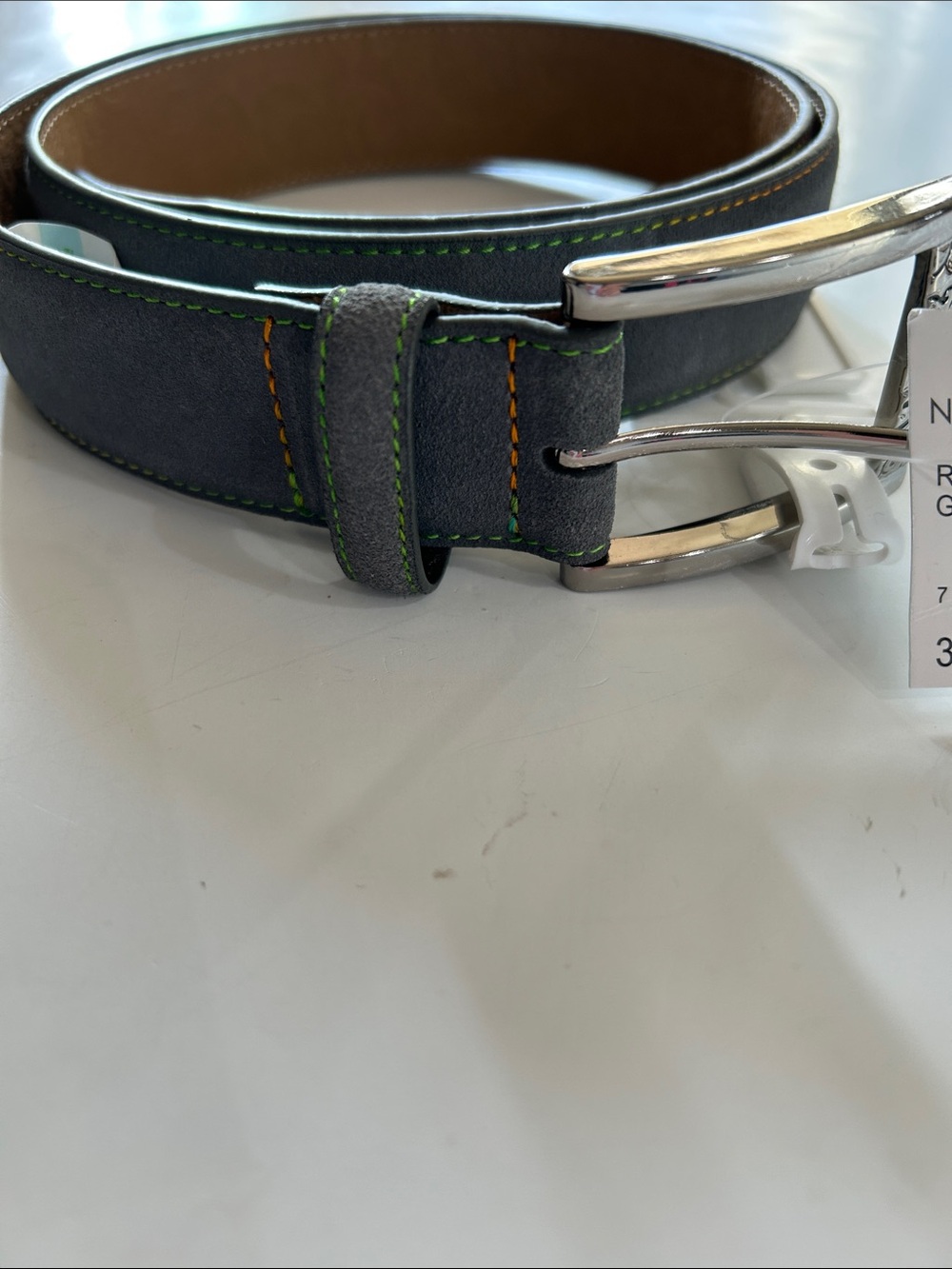 Robert Graham Gray Leather Suede Belt with Green & Orange Stitching sz 34 - Picture 8 of 8